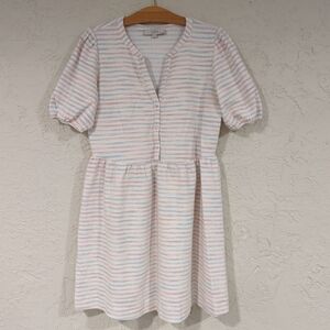 Loft Cream Pin Striped Puff Sleeve Short Dress - Women's Medium Spring Cottage